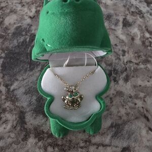 Gold Toned Whimsical Crown Prince Frog Pendant Necklace
